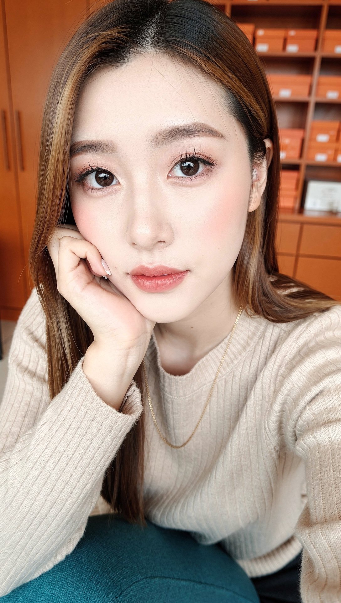 실내 젊은 여성의 캐주얼한 세로형 셀피 인물 사진